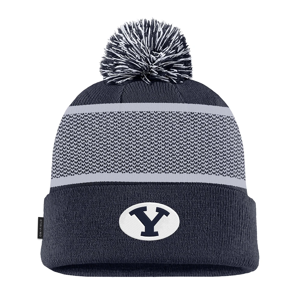 Youth Nike Navy BYU Cougars 2024 Sideline Peak Cuffed Knit Hat with Pom