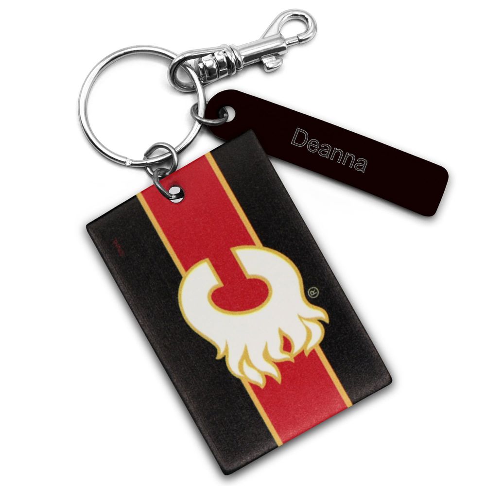 Black Calgary Flames Personalized Leather Rectangle Keychain