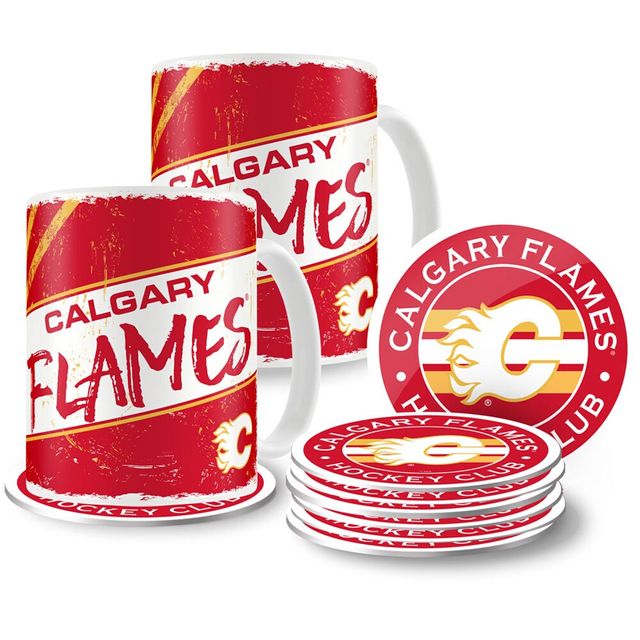 Flames de Calgary 15oz. Tasses et sous-verres classiques - Ensemble