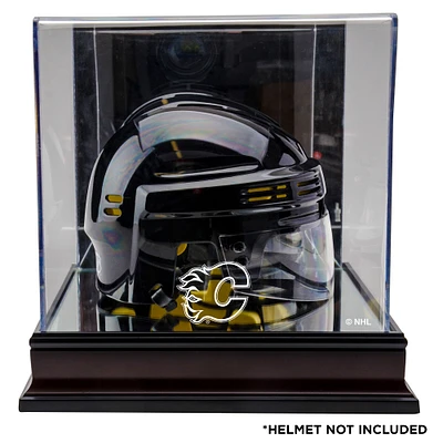 Vitrine de mini-casque en acajou avec logo de l'équipe des Flames de Calgary