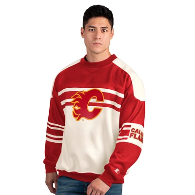 Men's Starter  Cream/Red Calgary Flames Defense Fleece Crewneck Pullover Sweatshirt
