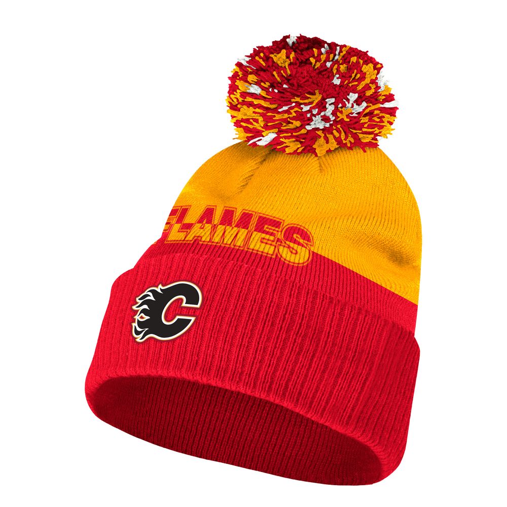 Men's adidas Yellow/Red Calgary Flames COLD.RDY - Cuffed Knit Hat with Pom