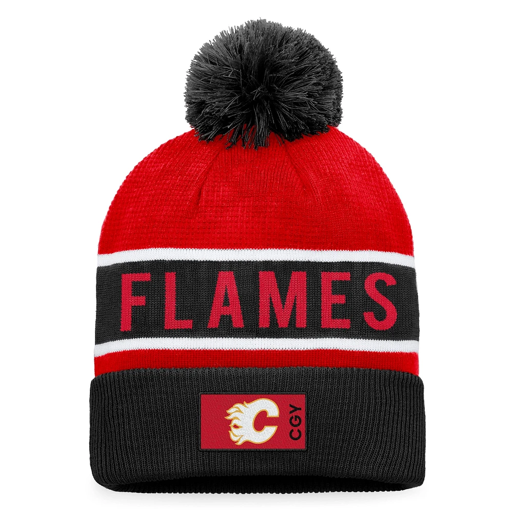 Fanatics pour hommes, noir/rouge, Flames de Calgary, repêchage 2022 de la LNH - Bonnet en tricot à revers professionnel authentique avec pompon