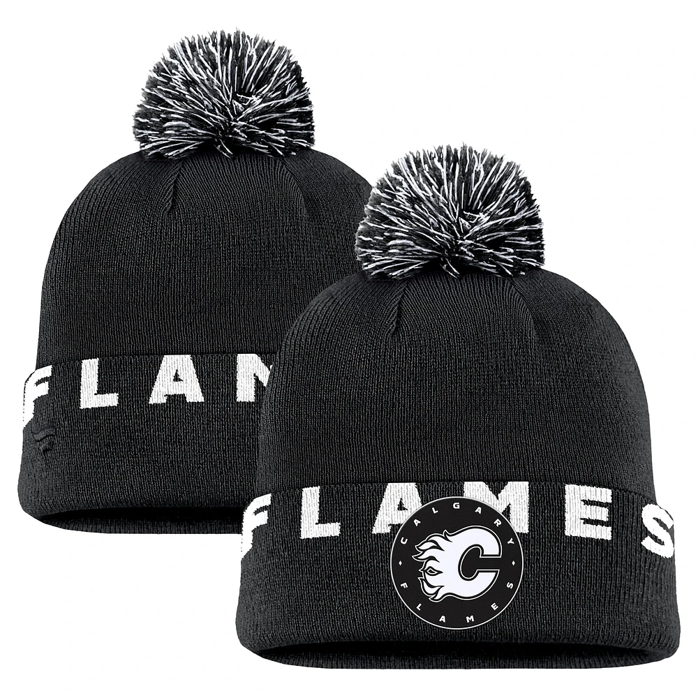 Bonnet en tricot à revers haut avec pompon Fanatics pour homme, noir, Calgary Flames