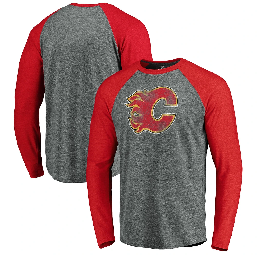 Men's Fanatics Heathered Gray/Heathered Red Calgary Flames Team - Tri-Blend Raglan Long Sleeve T-Shirt