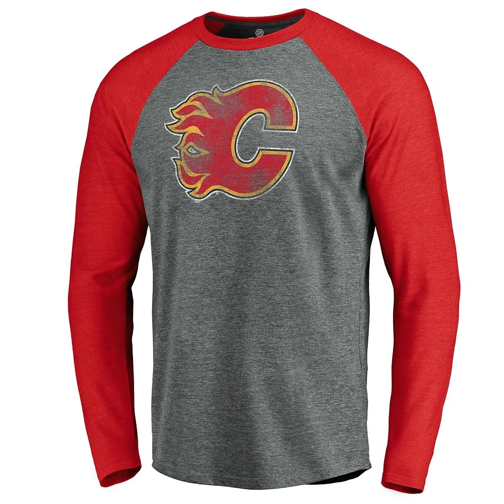 Men's Fanatics Heathered Gray/Heathered Red Calgary Flames Team - Tri-Blend Raglan Long Sleeve T-Shirt