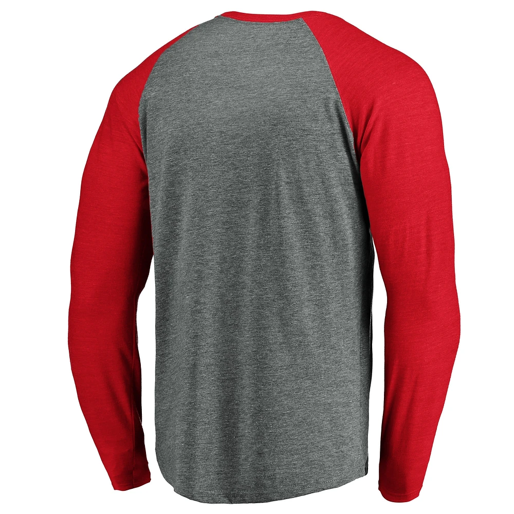 Men's Fanatics Heathered Gray/Heathered Red Calgary Flames Team - Tri-Blend Raglan Long Sleeve T-Shirt