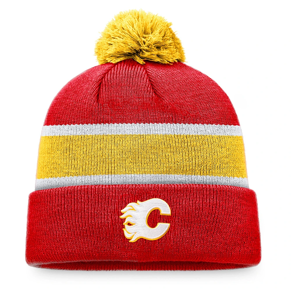 Bonnet en tricot à revers Breakaway Fanatics rouge/jaune des Flames de Calgary pour hommes avec pompon