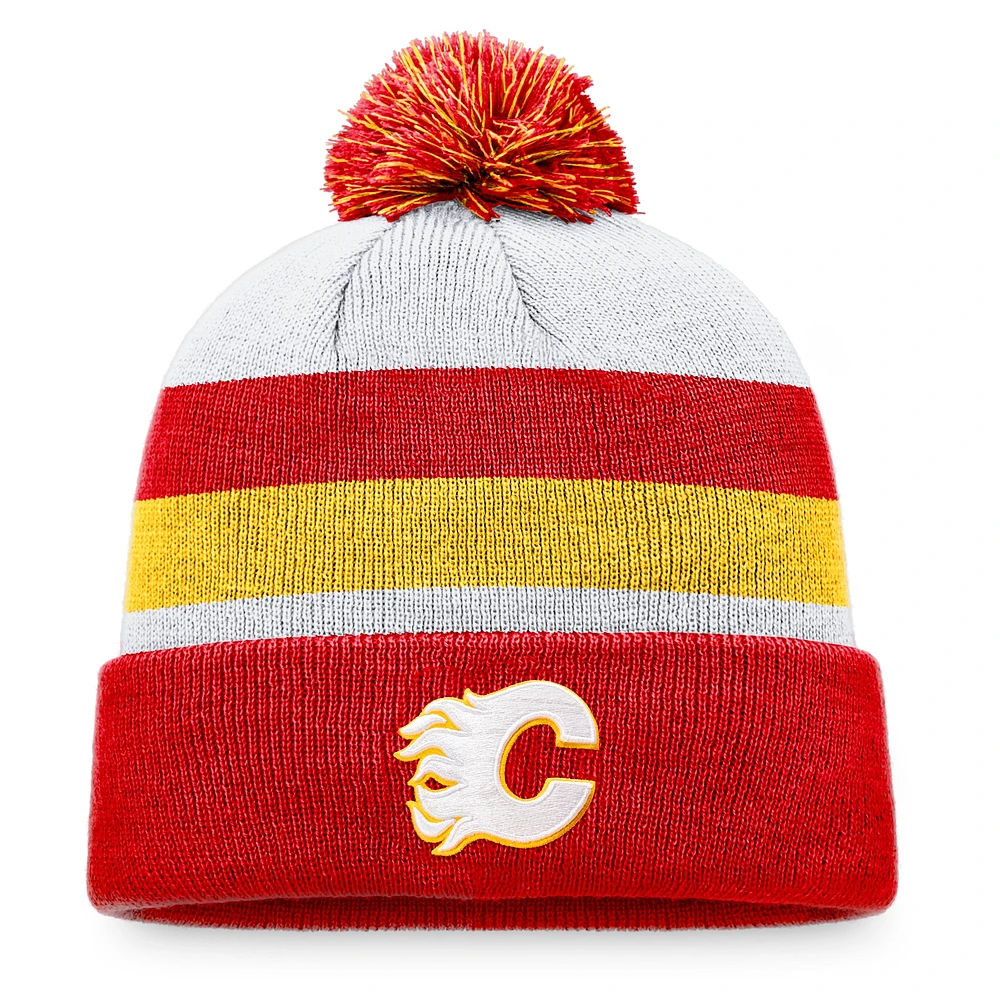 Bonnet en tricot à revers fondamental des Flames de Calgary Fanatics rouge/jaune pour hommes avec pompon