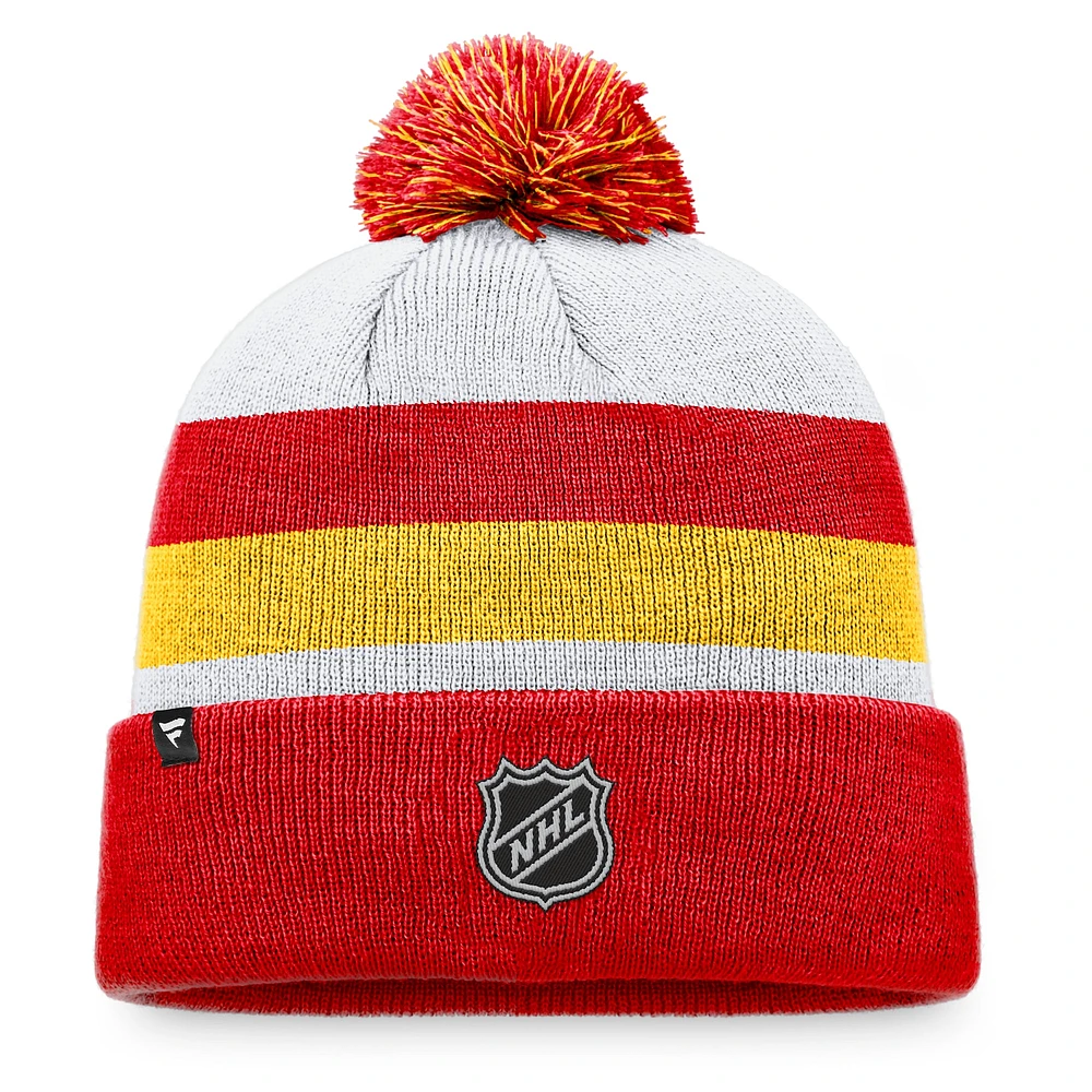 Bonnet en tricot à revers fondamental des Flames de Calgary Fanatics rouge/jaune pour hommes avec pompon