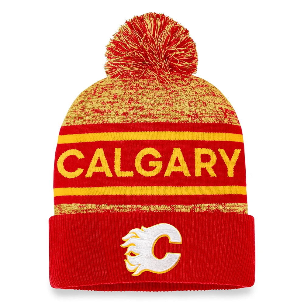 Men's Fanatics  Red Calgary Flames Authentic Pro Cuffed Knit Hat with Pom