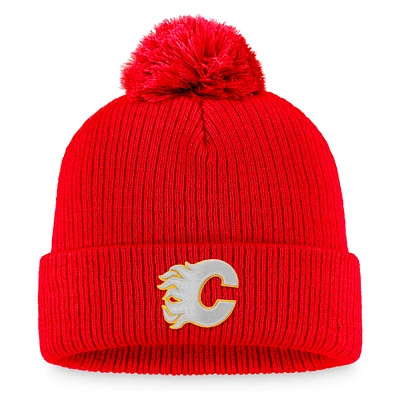 Men's Fanatics Red Calgary Flames Core Primary Logo Cuffed Knit Hat with Pom