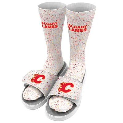 Calgary Flames ISlide Speckle Socks & Slide Sandals Bundle - White