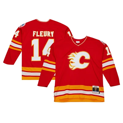 Maillot de joueur la ligne bleue Mitchell & Ness Theoren Fleury rouge des Flames Calgary 1988/89 pour hommes
