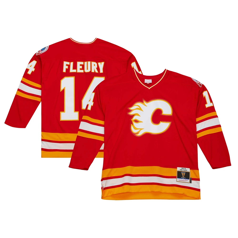 Maillot de joueur la ligne bleue Mitchell & Ness Theoren Fleury rouge des Flames Calgary 1988/89 pour hommes