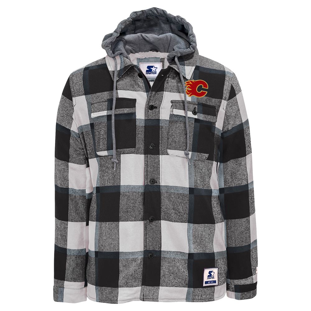 Men's Starter Black/White Calgary Flames Sherpa Full-Button Flannel - Jacket