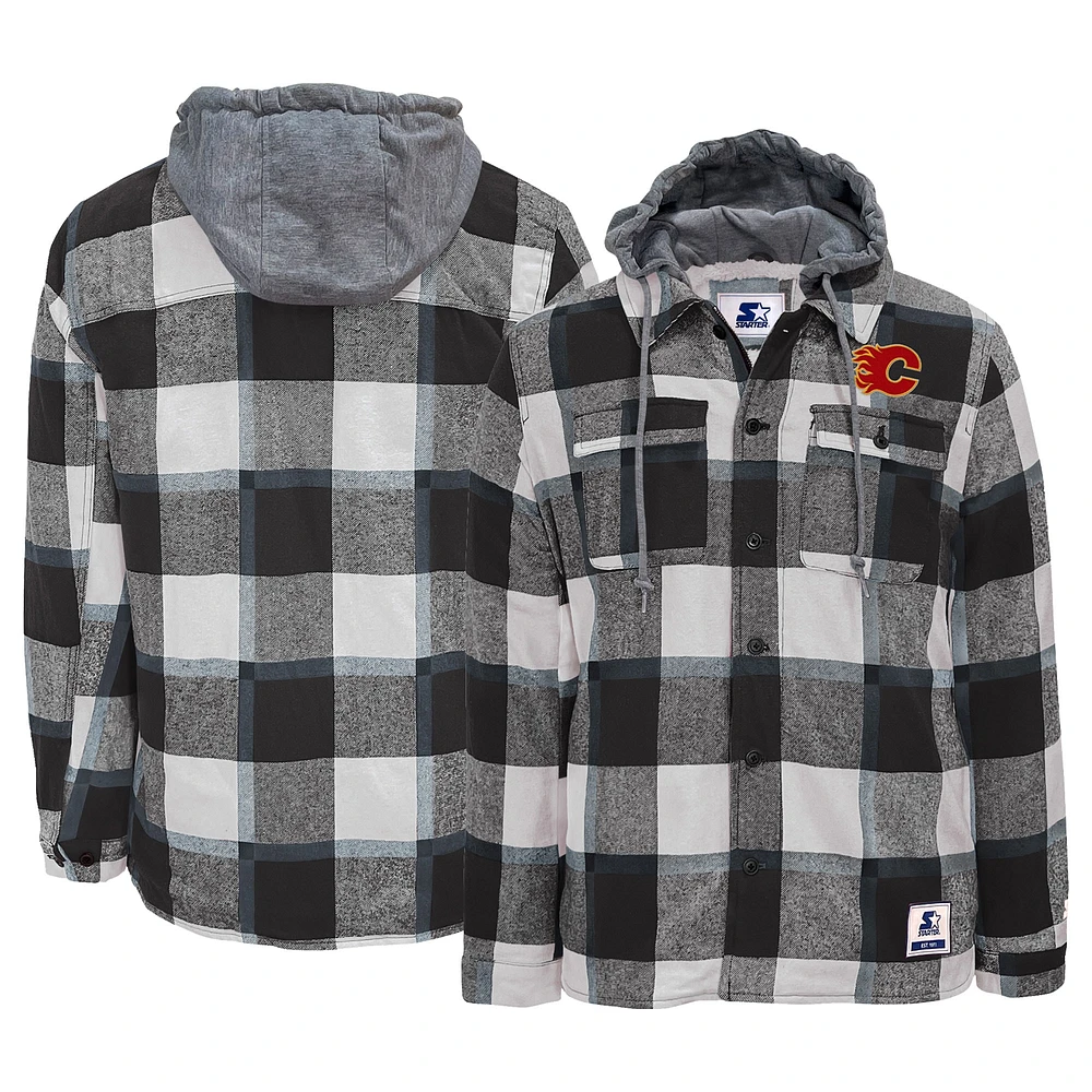 Veste en flanelle à boutons complets Sherpa Calgary Flames Starter pour homme, noir/blanc