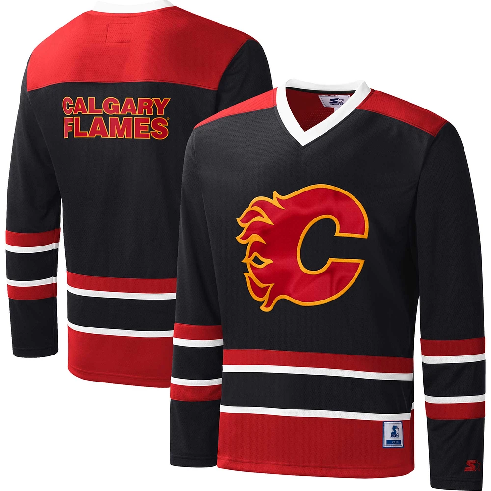 Men's Starter Black Calgary Flames Cross-Check V-Neck - Long Sleeve T-Shirt