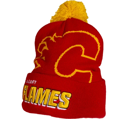 Unisexe Mitchell & Ness Red Calgary Flames Punchout - Bonnet en tricot à revers avec pompon