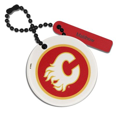 White Calgary Flames Personalized Leather Round Bag Tag