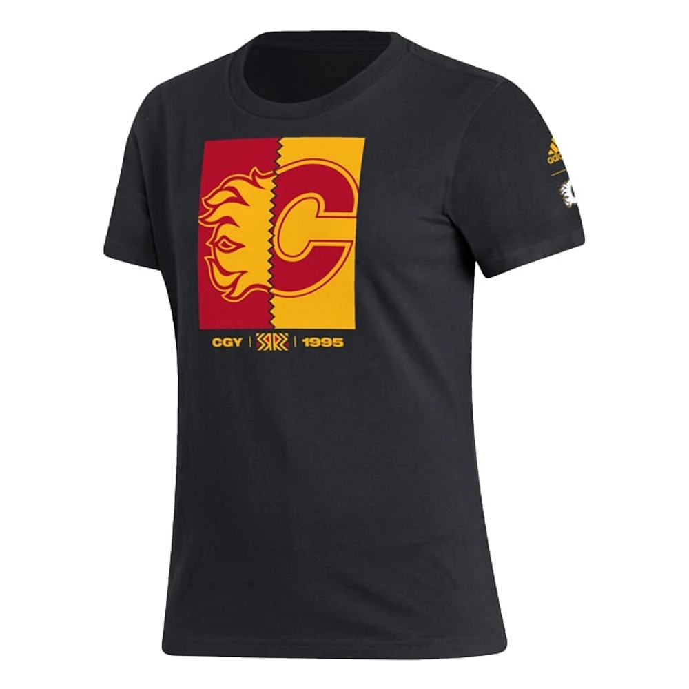 Women's adidas Black Calgary Flames Reverse Retro 2.0 - Down The Middle T-Shirt