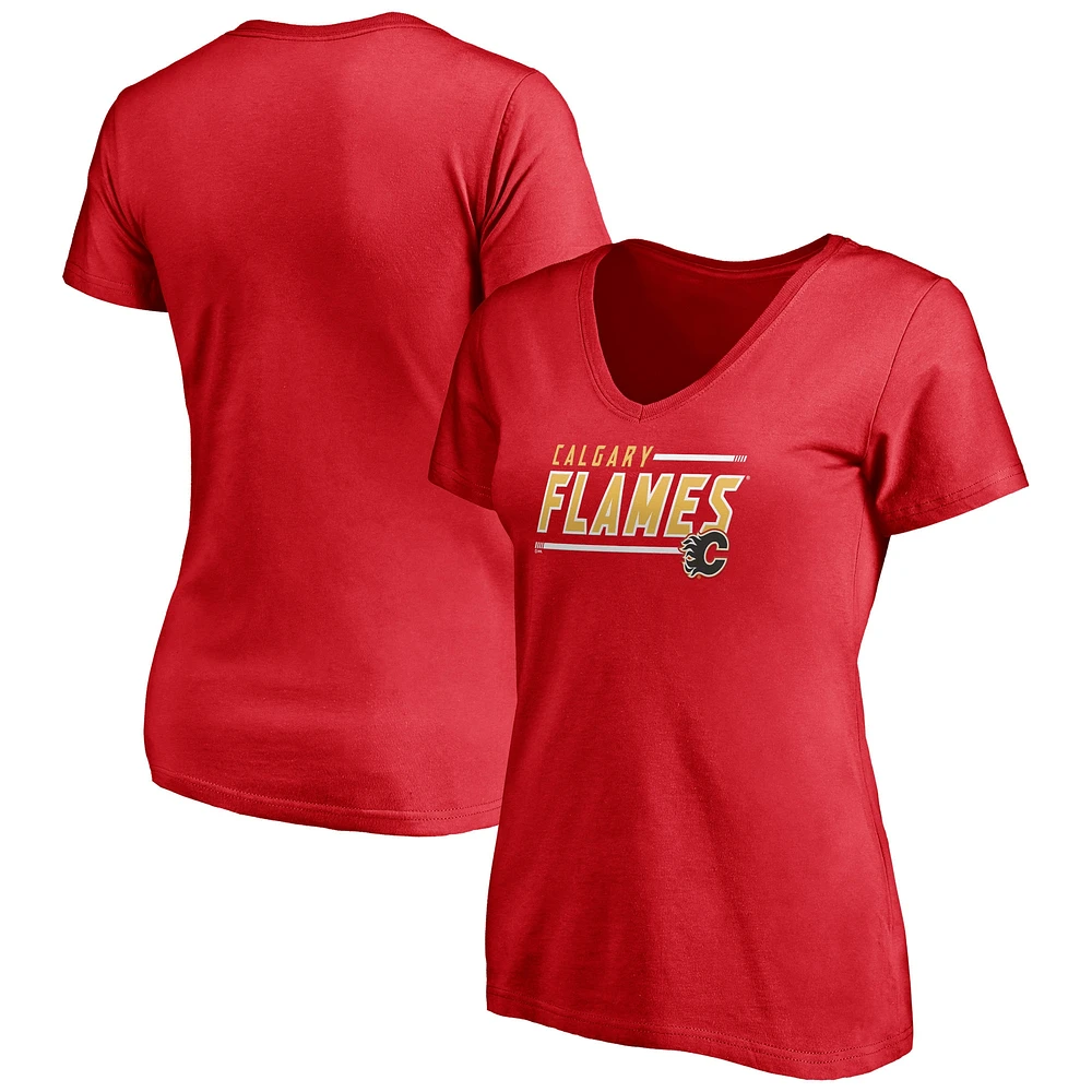 T-shirt à col en V Fanatics pour femmes, mascotte rouge grande taille des Flames de Calgary dans les limites