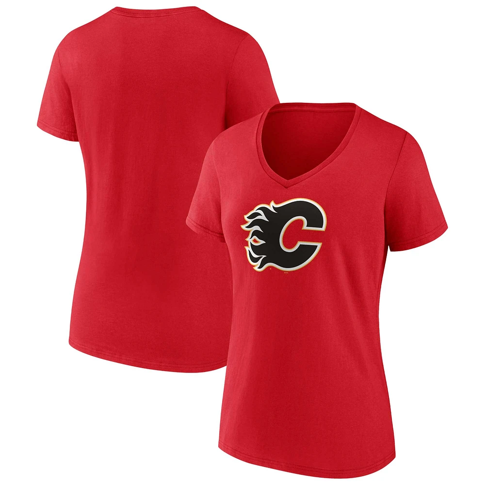 Logo principal fanatiques des Flames de Calgary rouges pour femmes - T-shirt à col en V