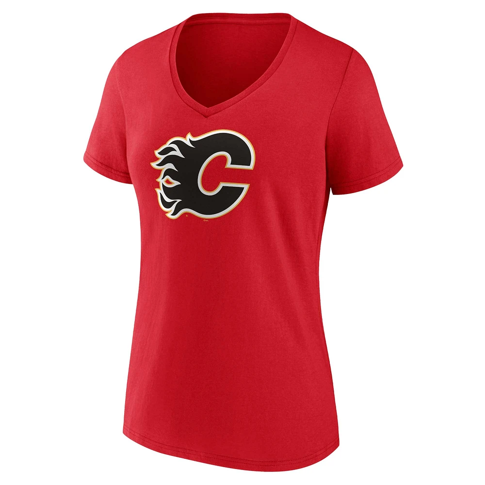 Logo principal fanatiques des Flames de Calgary rouges pour femmes - T-shirt à col en V