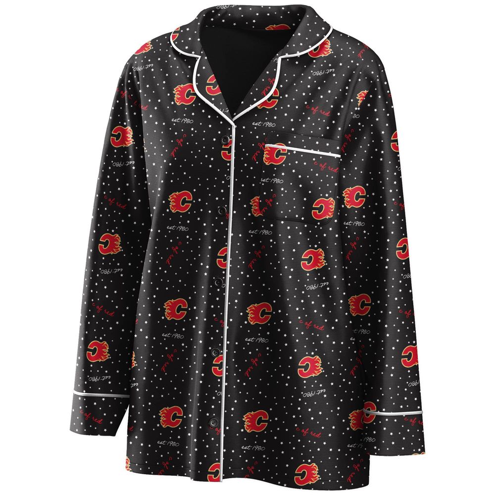 Women's WEAR by Erin Andrews Black Calgary Flames Long Sleeve Button-Up Shirt & Pants - Sleep Set