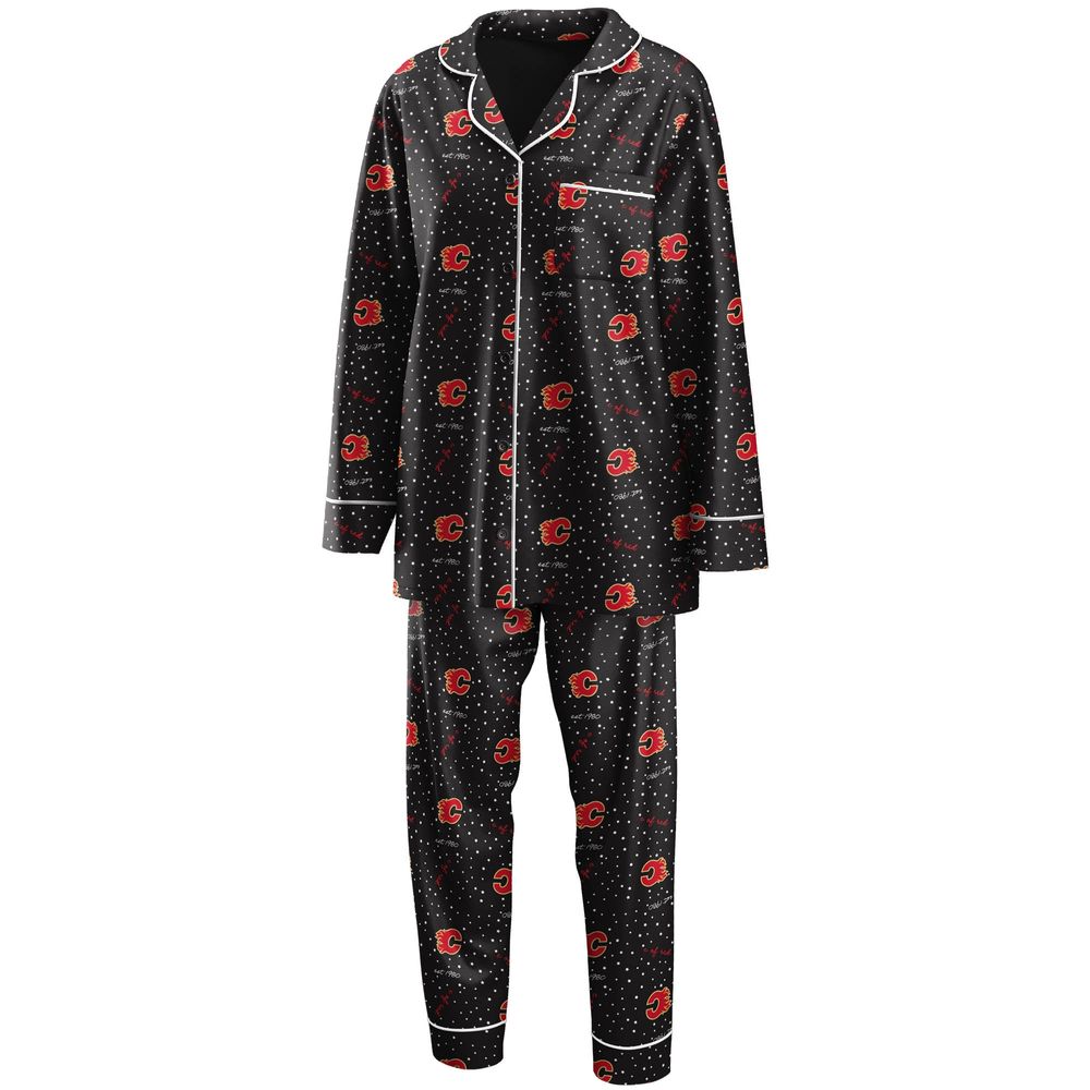 Women's WEAR by Erin Andrews Black Calgary Flames Long Sleeve Button-Up Shirt & Pants - Sleep Set