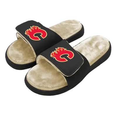 Calgary Flames ISlide Youth Faux Fur Slide Sandals - Black/Tan