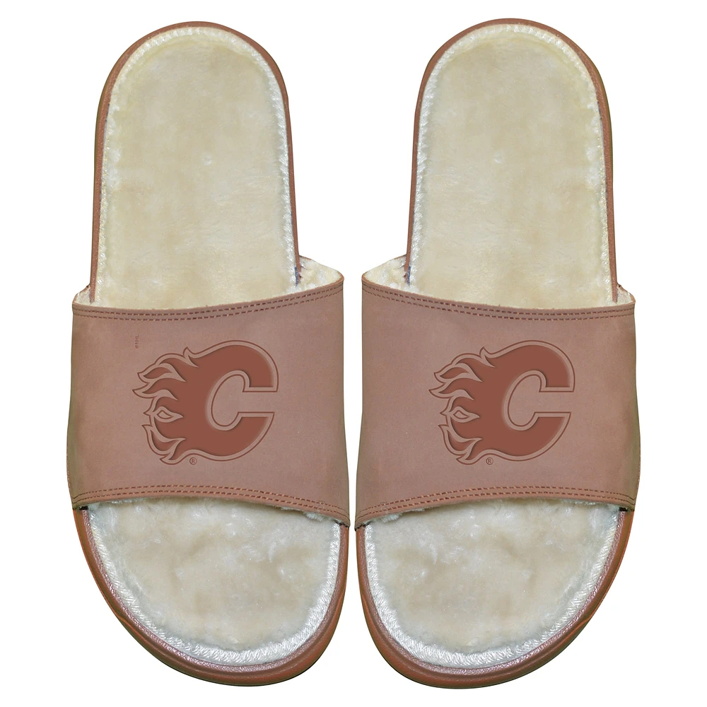 Youth ISlide Calgary Flames Nubuck Fur Primary Logo Sandals