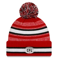 Men's New Era  Red Calgary Stampeders Sideline 6 Dart Cuffed Knit Hat with Pom