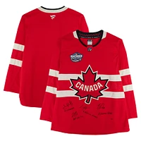 Nathan MacKinnon, Cale Makar, Sam Reinhart & Jordan Binnington Canada Autographed Red 4 Nations Face-Off Fanatics Premium Jersey with Multiple Inscriptions - Limited Edition #1/10