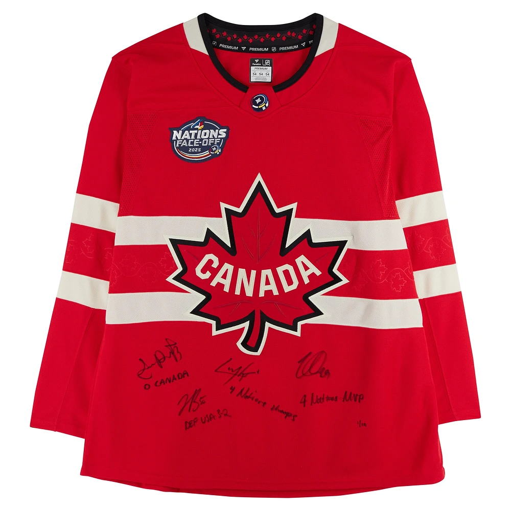 Nathan MacKinnon, Cale Makar, Sam Reinhart & Jordan Binnington Canada Autographed Red 4 Nations Face-Off Fanatics Premium Jersey with Multiple Inscriptions - Limited Edition #1/10