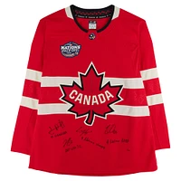 Nathan MacKinnon, Cale Makar, Sam Reinhart & Jordan Binnington Canada Autographed Red 4 Nations Face-Off Fanatics Premium Jersey with Multiple Inscriptions - Limited Edition #1/10