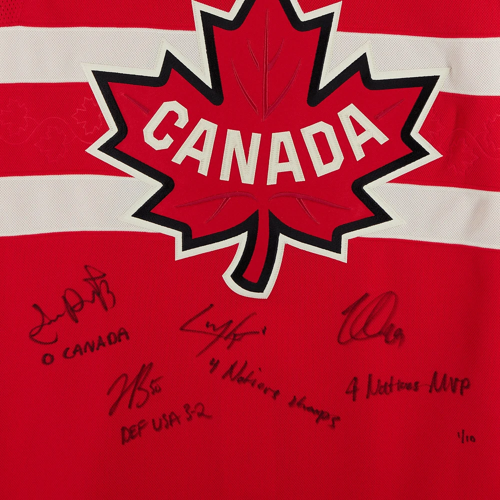 Nathan MacKinnon, Cale Makar, Sam Reinhart & Jordan Binnington Canada Autographed Red 4 Nations Face-Off Fanatics Premium Jersey with Multiple Inscriptions - Limited Edition #1/10