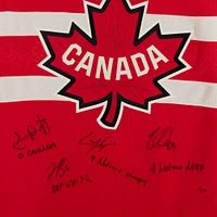 Nathan MacKinnon, Cale Makar, Sam Reinhart & Jordan Binnington Canada Autographed Red 4 Nations Face-Off Fanatics Premium Jersey with Multiple Inscriptions - Limited Edition #1/10
