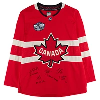 Maillot rouge premium autographié par Nathan MacKinnon, Cale Makar, Sam Reinhart et Jordan Binnington Canada pour le tournoi des 4 Nations Face-Off Fanatics avec inscriptions multiples - Édition limitée à 10 exemplaires