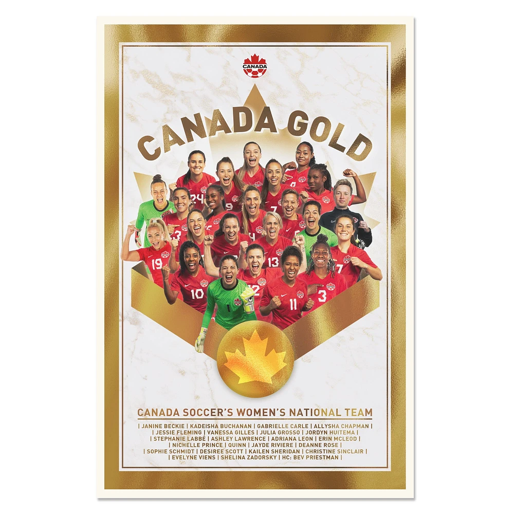 Affiche dorée de 12 po x 16 po de l'équipe nationale féminine de Canada Soccer 2021