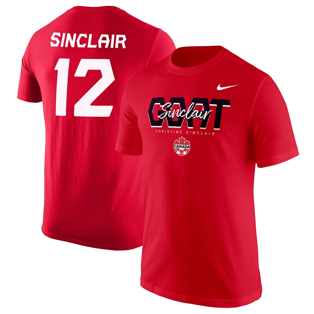 T-shirt Nike Christine Sinclair rouge Canada Soccer GOAT Logo Core Player Name & Number pour homme