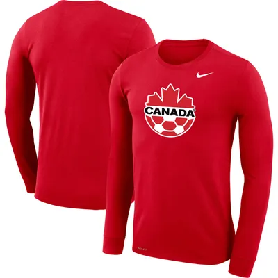 T-shirt à manches longues Legend Performance avec logo primaire du Canada de football Nike rouge pour homme