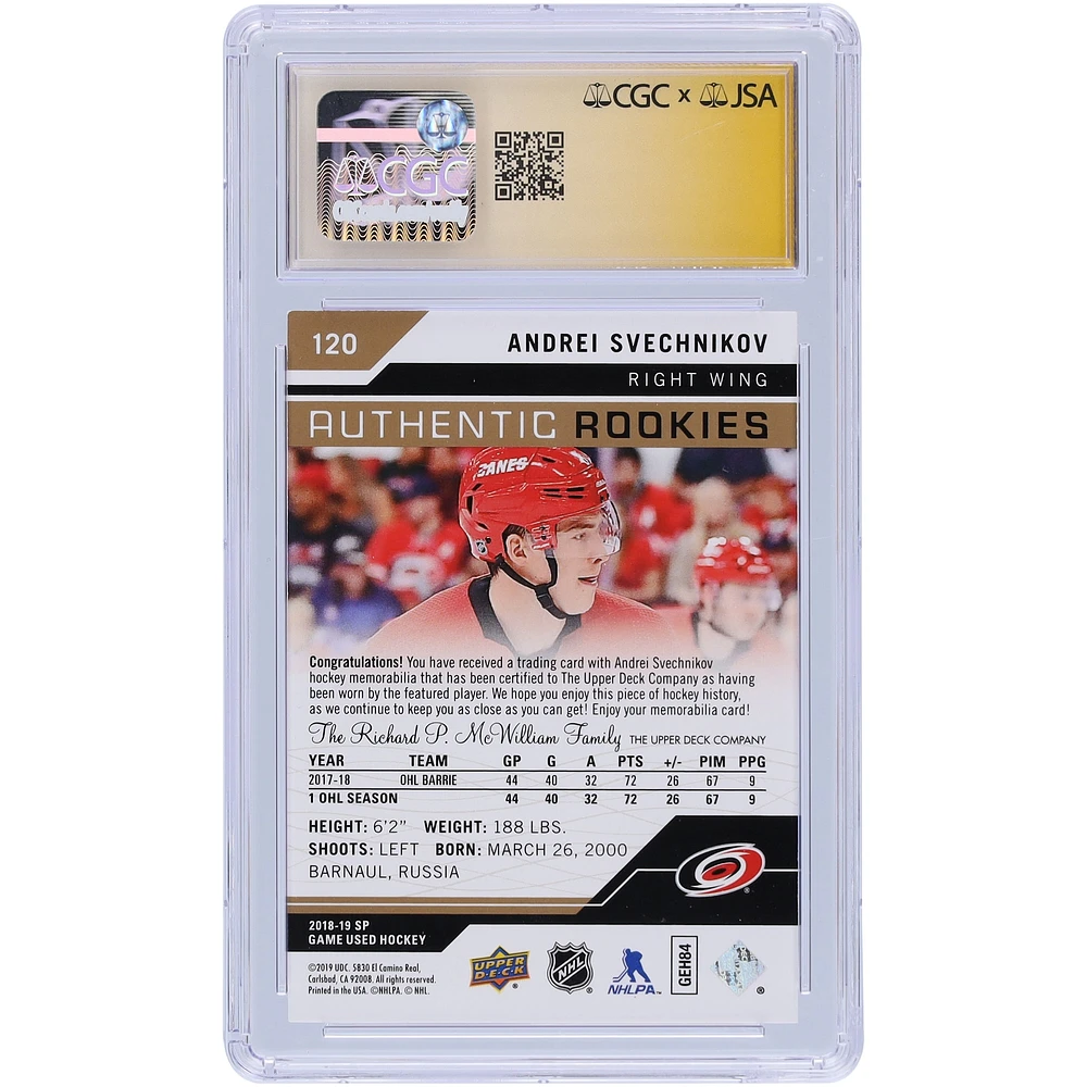 Andrei Svechnikov Carolina Hurricanes Autographed 2018-19 Upper Deck SP Game Used Gold Jersey Relic #120 #/499 CGC Fanatics Witnessed Authenticated Rookie Card