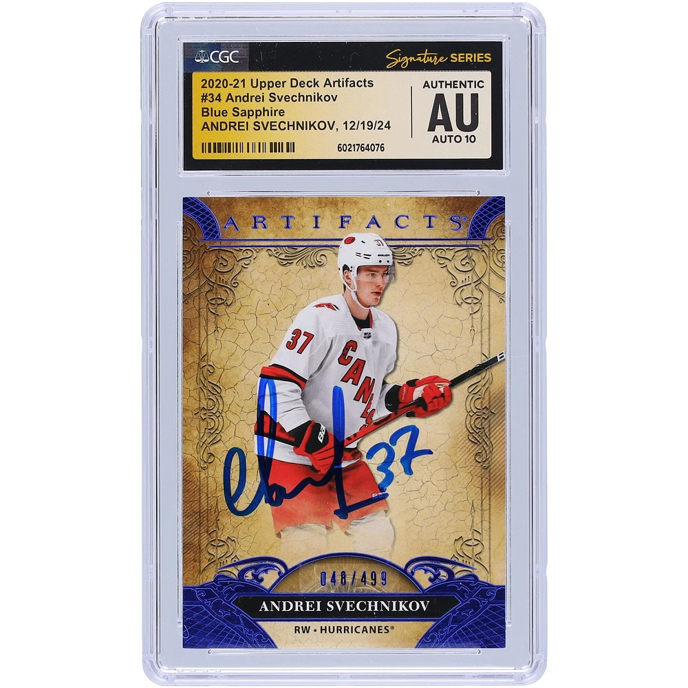 Andrei Svechnikov Carolina Hurricanes Autographed 2020-21 Upper Deck Artifacts Blue Sapphire #34 #/499 CGC Fanatics Witnessed Authenticated Auto 10 Card