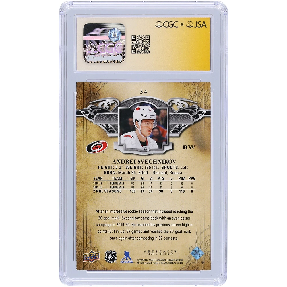 Andrei Svechnikov Carolina Hurricanes Autographed 2020-21 Upper Deck Artifacts Blue Sapphire #34 #/499 CGC Fanatics Witnessed Authenticated Auto 10 Card