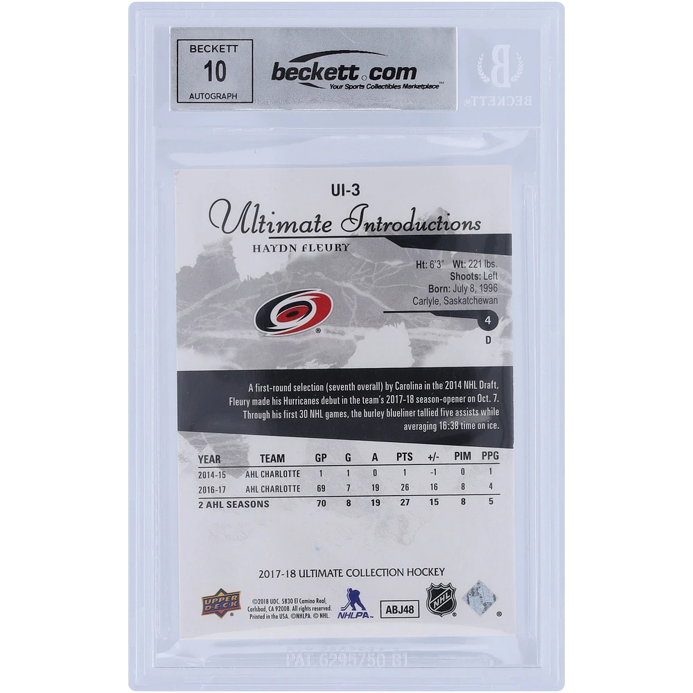 Carte de recrue autographiée 2017-18 Upper Deck Ultimate Collection Ultimate Introductions #UI-3 Beckett Fanatics Witnessed Authenticated 10 Rookie Card de Haydn Fleury des Hurricanes de la Caroline