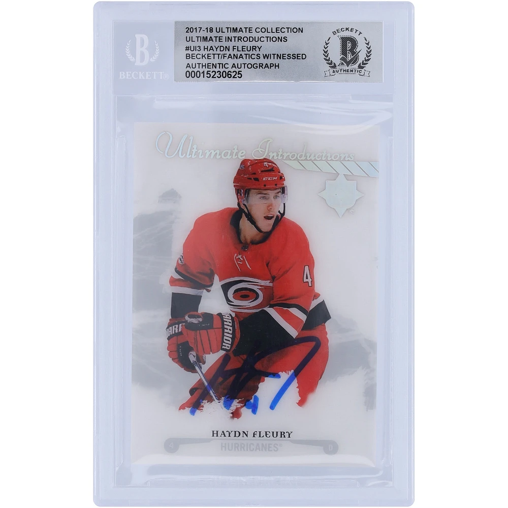 Carte de recrue autographiée 2017-18 Upper Deck Ultimate Collection Ultimate Introductions #UI-3 Beckett Fanatics Witnessed Authenticated 10 Rookie Card de Haydn Fleury des Hurricanes de la Caroline