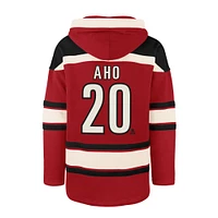 Men's '47 Sebastian Aho Red Carolina Hurricanes Player Name & Number Lacer Pullover Hoodie