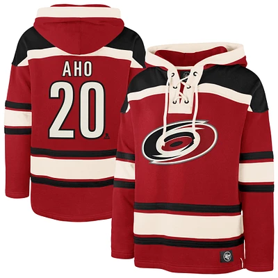 Sweat à capuche rouge '47 Sebastian Aho pour homme avec nom et numéro de joueur des Hurricanes la Caroline