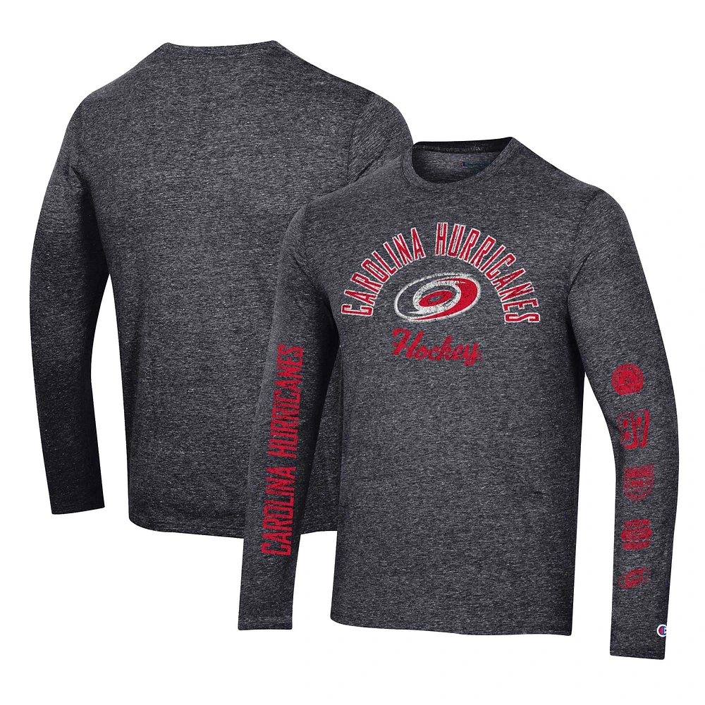 Men's Champion Heather Black Carolina Hurricanes Multi-Logo Tri-Blend Long Sleeve T-Shirt